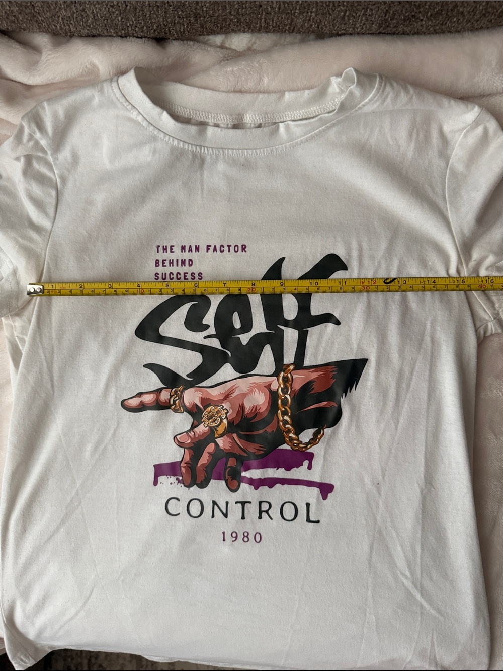 Self Control 1980 White Graphic Tee with Hand Illustration